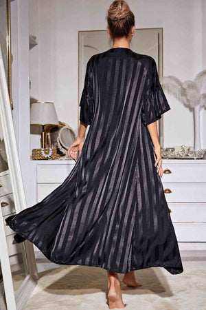 Striped Flounce Sleeve Open Front Robe and Cami Dress Set - WAZKA