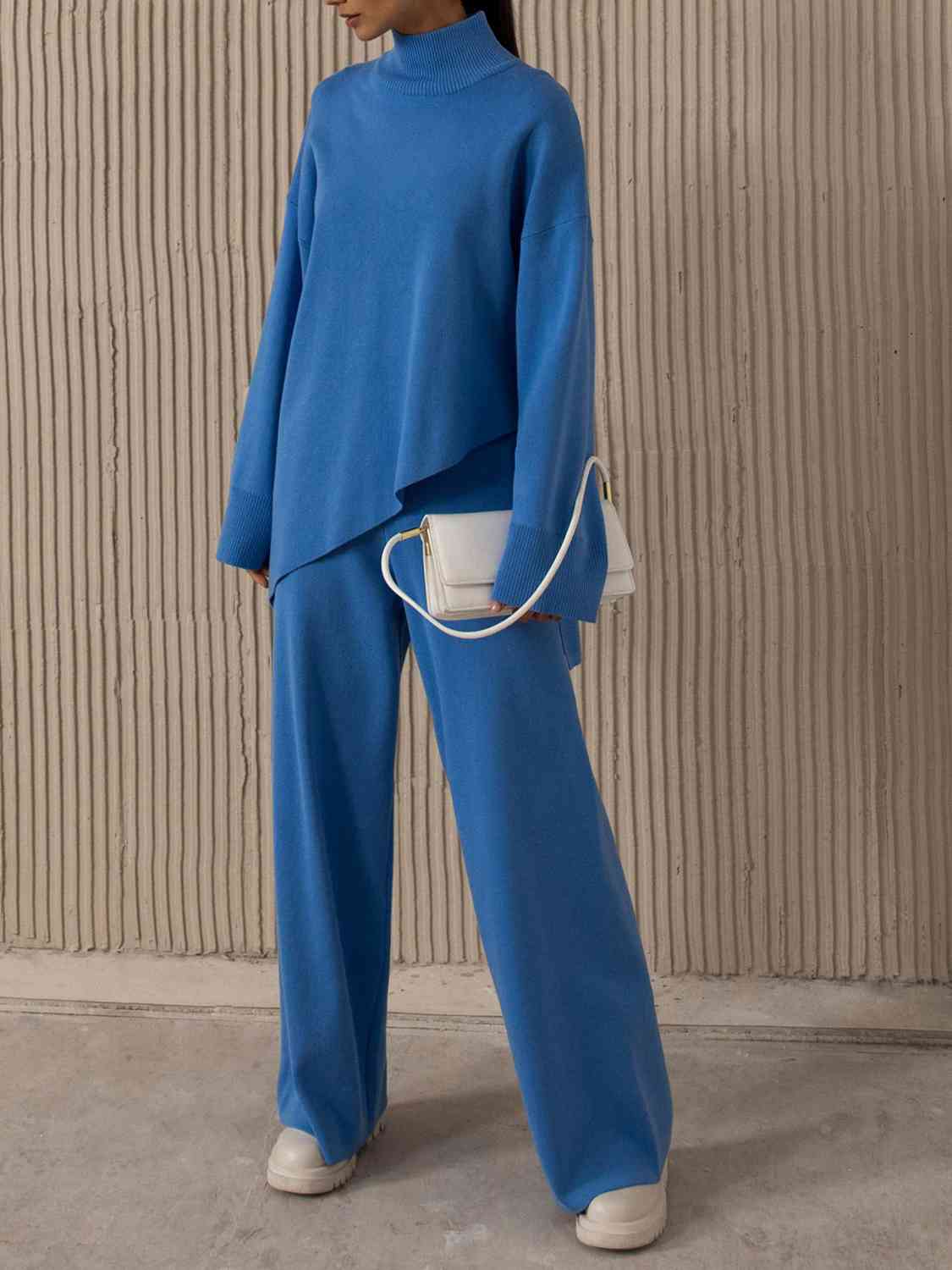 Asymmetrical Hem Knit Top and Pants Set - WAZKA