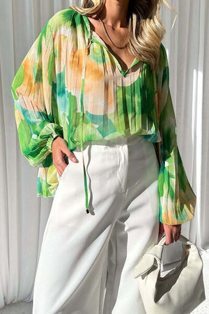 Printed Tie Neck Balloon Sleeve Blouse