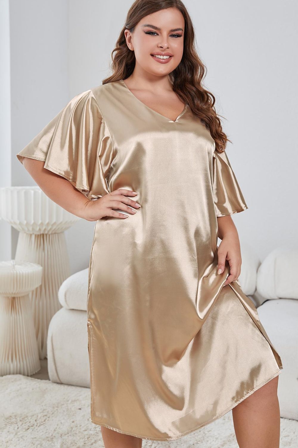 Plus Size Flutter Sleeve V-Neck Side Slit Night Gown - WAZKA