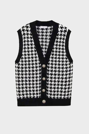 Houndstooth Button Front Sweater Vest - WAZKA