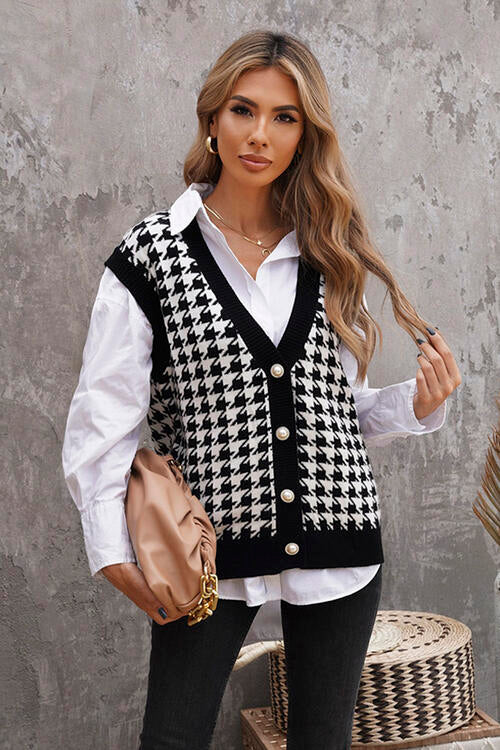 Houndstooth Button Front Sweater Vest - WAZKA