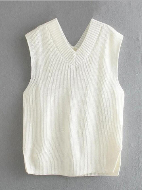 Ribbed V-Neck Sleeveless Sweater Vest - WAZKA