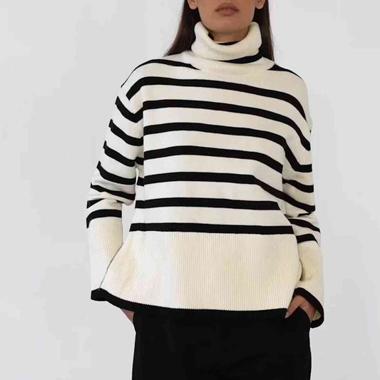 Striped Turtleneck Flare Sleeve Sweater - WAZKA