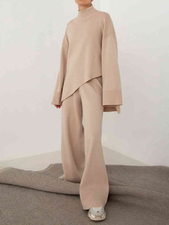 Asymmetrical Hem Knit Top and Pants Set - Essentials without Hoddie