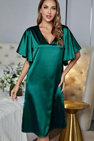 Satin Flutter Sleeve Side Slit V-Neck Night Dress - WAZKA