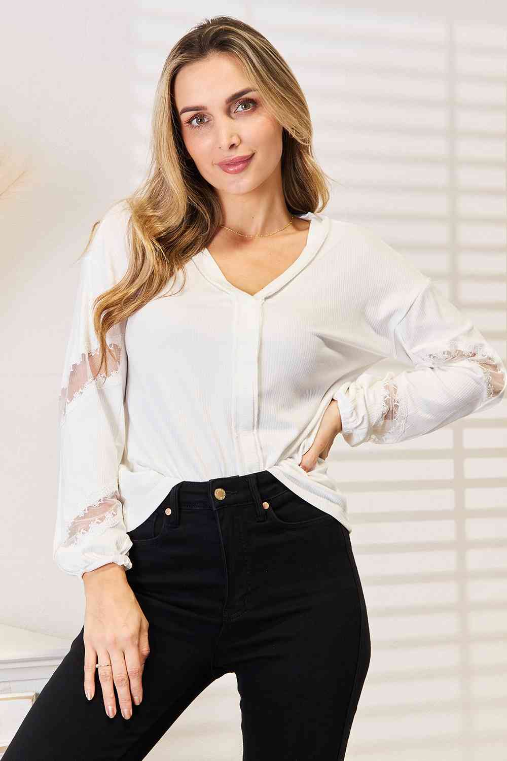 Double Take V-Neck Dropped Shoulder Blouse - WAZKA