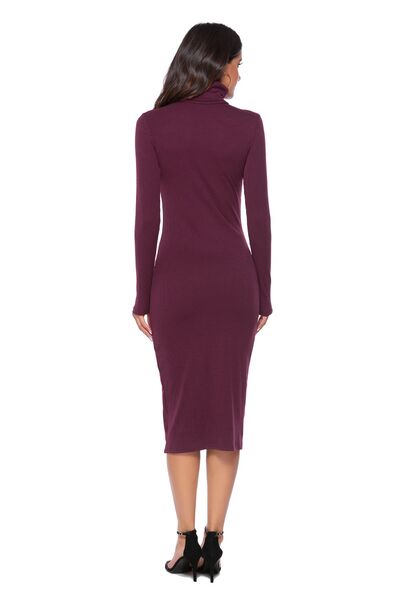 Ribbed Turtleneck Long Sleeve Dress - WAZKA