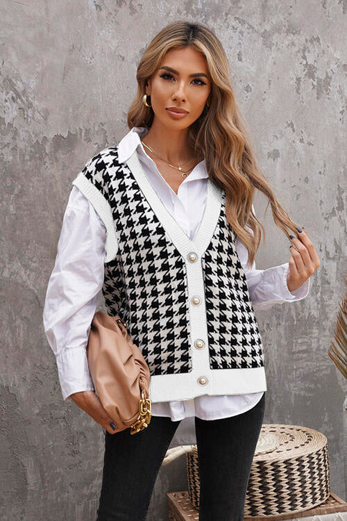 Houndstooth Button Front Sweater Vest - WAZKA