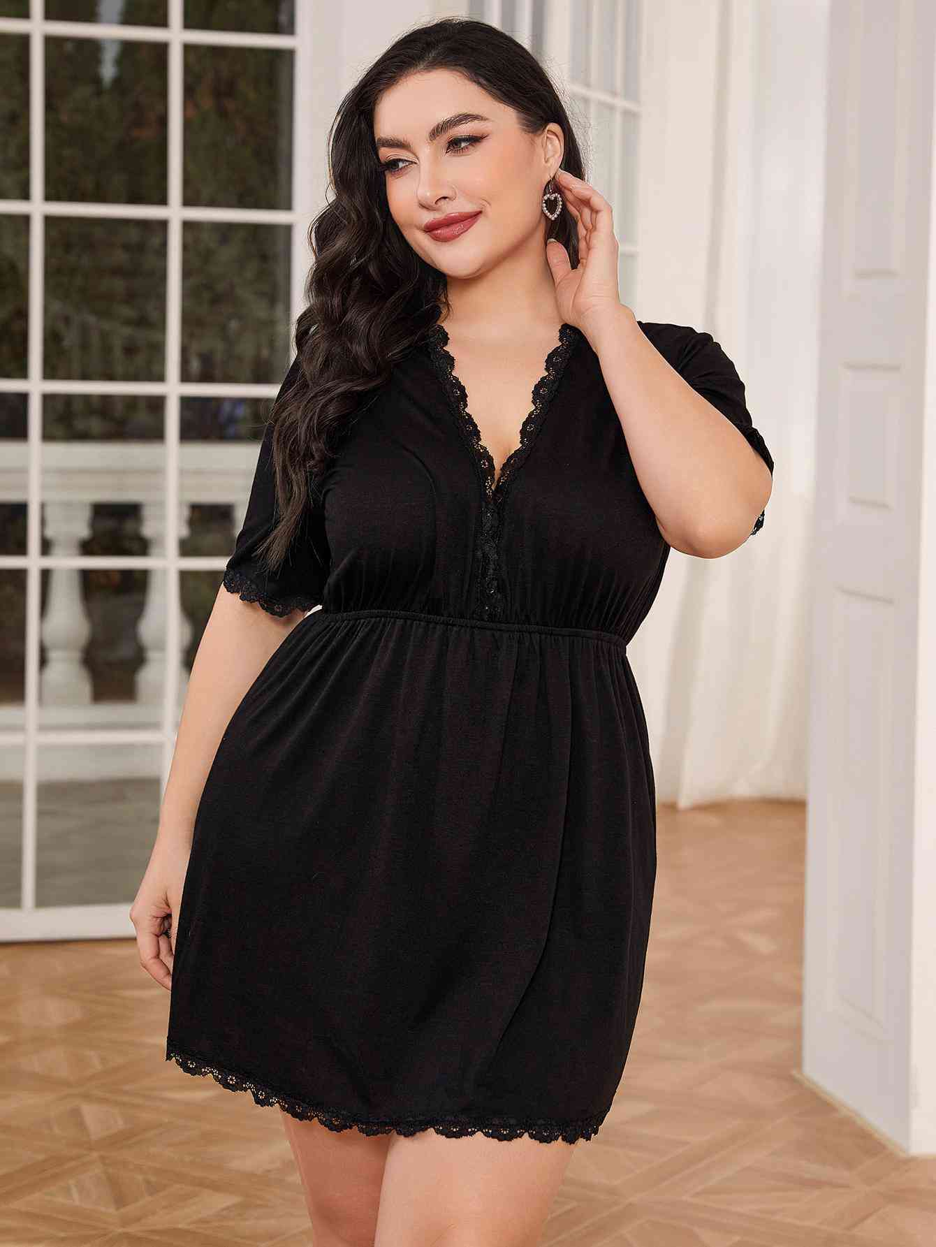 Plus Size Lace Trim Deep V Night Dress - WAZKA