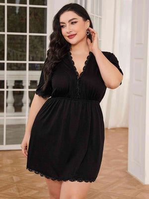 Plus Size Lace Trim Deep V Night Dress - WAZKA