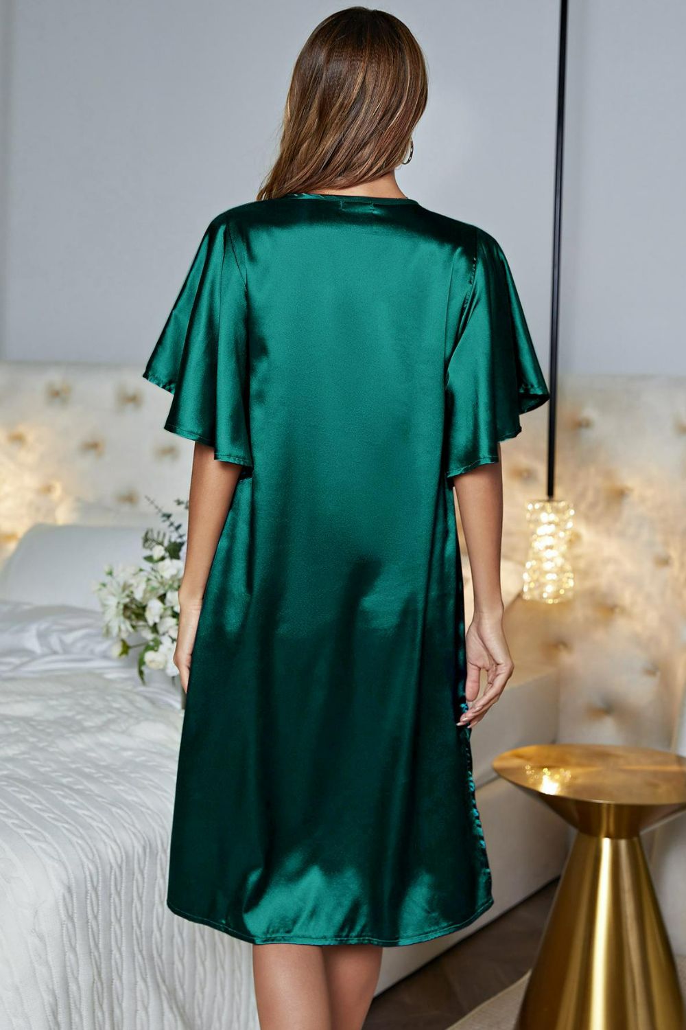 Satin Flutter Sleeve Side Slit V-Neck Night Dress - WAZKA