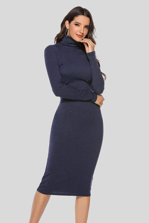 Ribbed Turtleneck Long Sleeve Dress - WAZKA