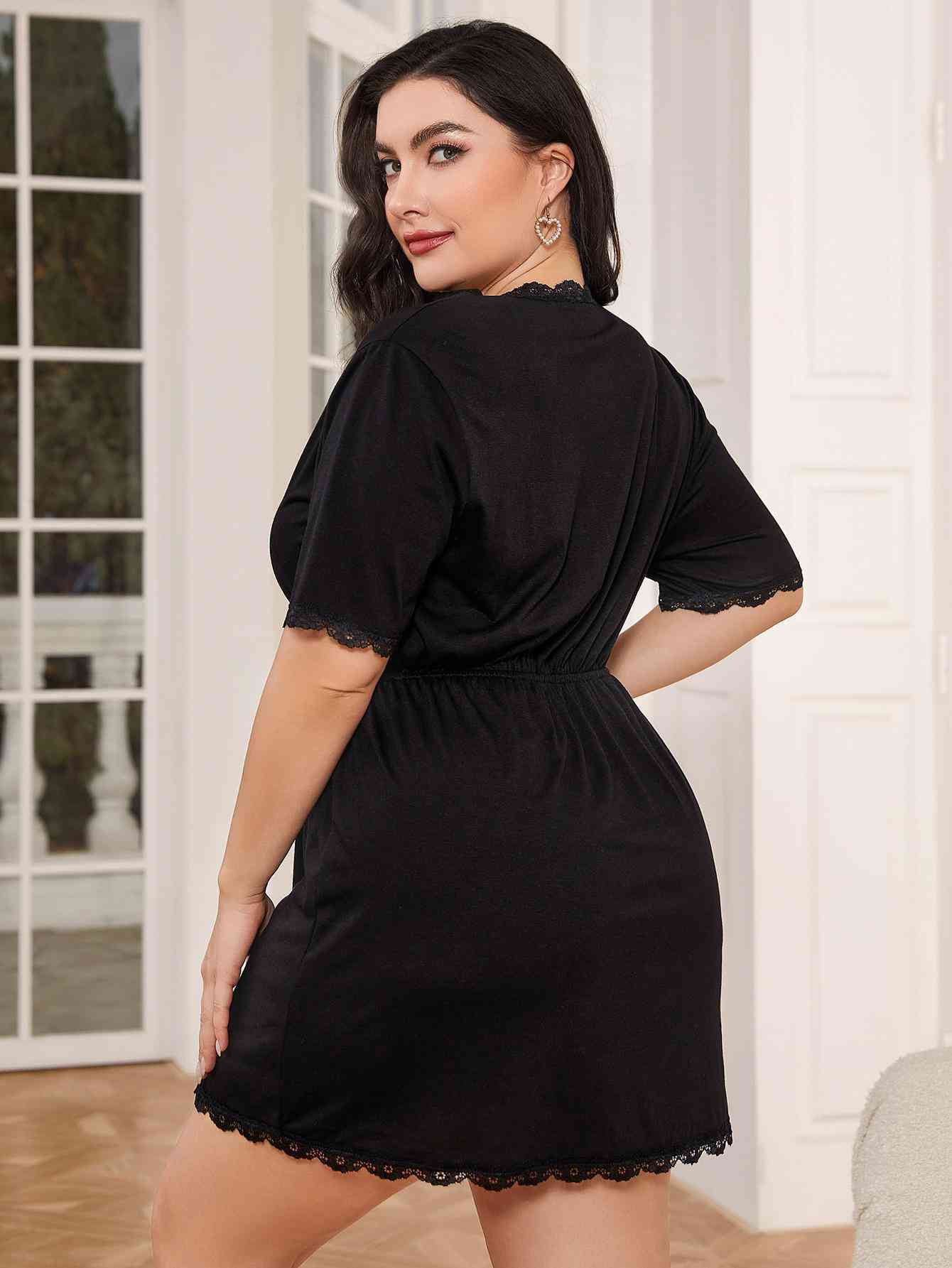 Plus Size Lace Trim Deep V Night Dress - WAZKA