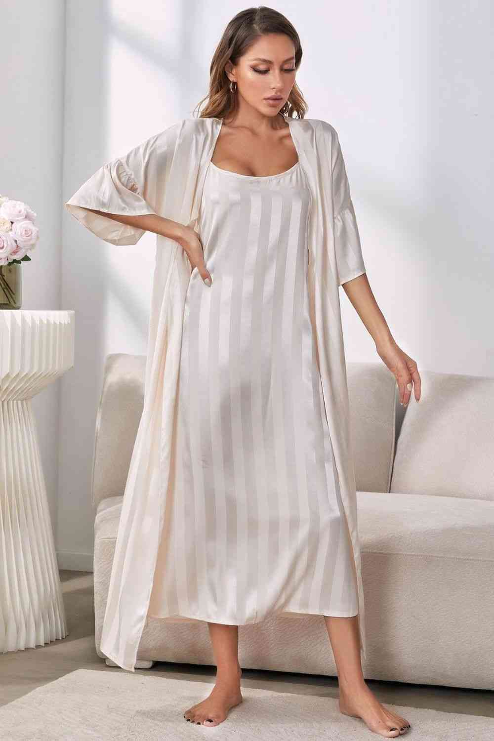 Striped Flounce Sleeve Open Front Robe and Cami Dress Set - WAZKA