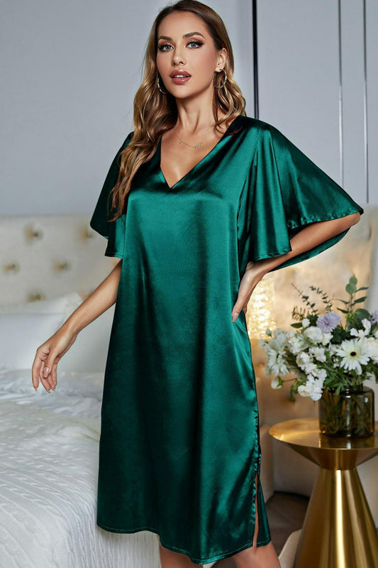 Satin Flutter Sleeve Side Slit V-Neck Night Dress - WAZKA