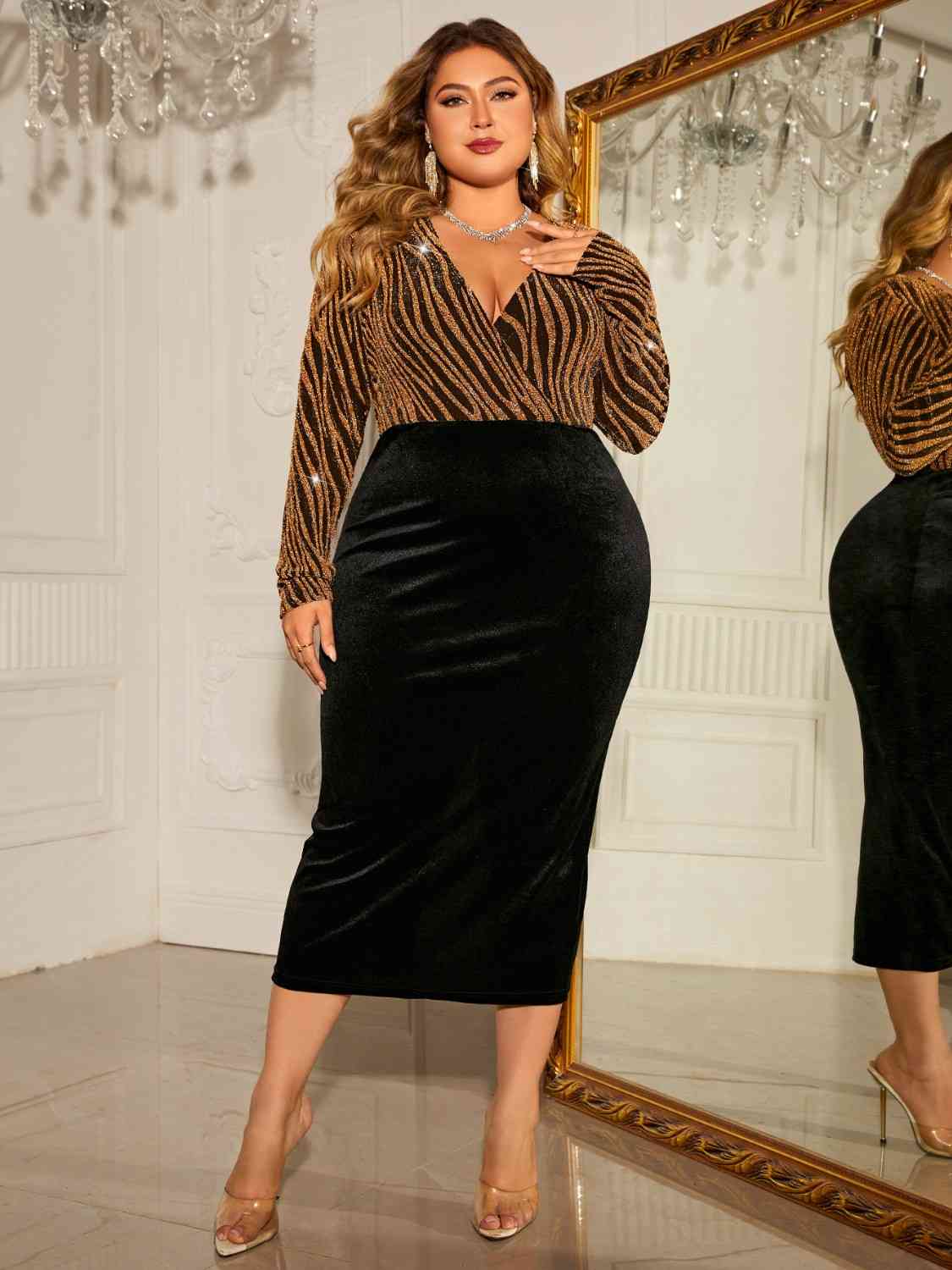 Plus Size Surplice Neck Long Sleeve Slit Dress - WAZKA