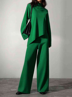 Asymmetrical Hem Knit Top and Pants Set - Essentials without Hoddie